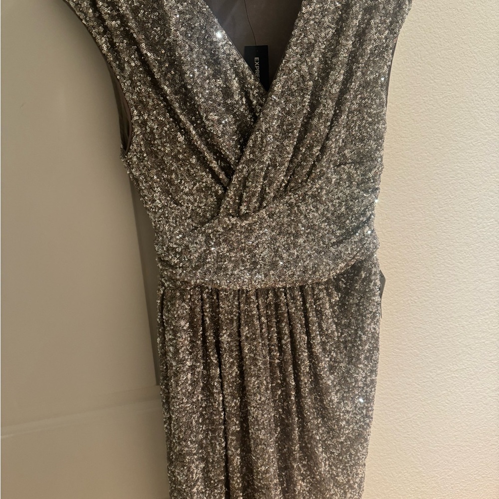 Express Sequin Wrap V-Neck Evening Dress - Silver